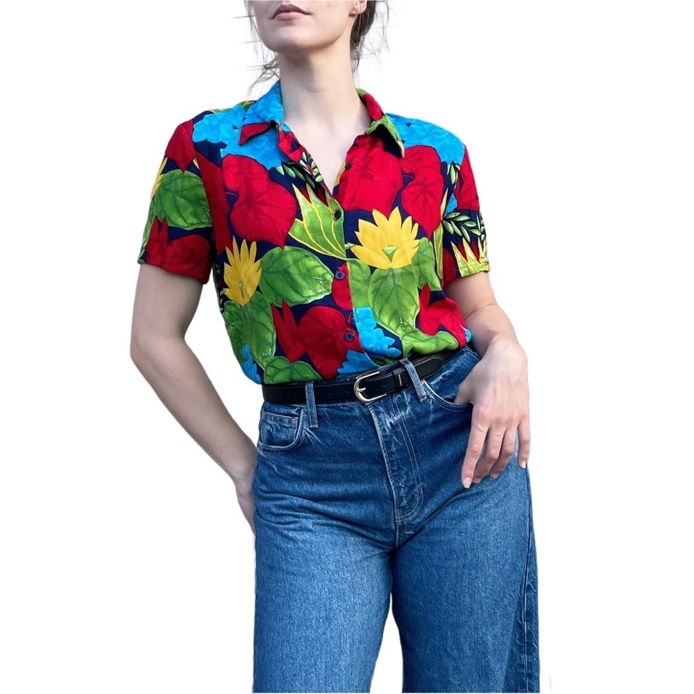 90s Vintage Single Stitch Retro Grandpacore Tropical Button Down Shirt Medium